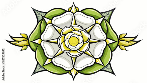 Very beautiful vector illustration of the White Rose of York, featuring a clean, symmetrical emblem with crisp white petals outlined subtly for definition, isolated on a pure white background in a mod