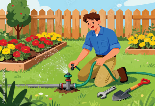 A smiling man waters his garden with a sprinkler. Flowers and a fence fill the background. Tools are nearby