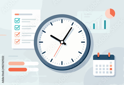 A flat design illustration of a clock, checklist, progress bars, calendar, and charts, related to time management