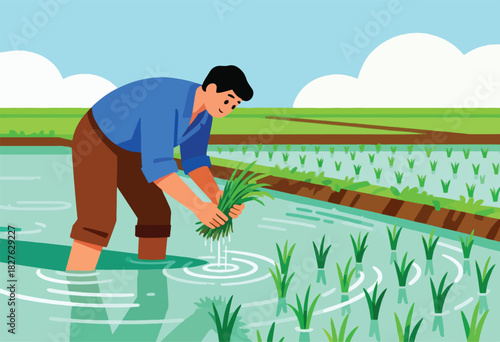 A farmer plants rice seedlings in a flooded field. Clouds dot a blue sky, and green rice fields stretch in the background