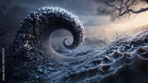 Abstract Swirling Snowy Wave With Sparkles and Frosty Landscape Under Dramatic Sky
