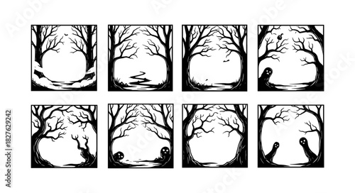 Spooky Silhouettes of Trees and Ghosts in a Dark Forest Setting.