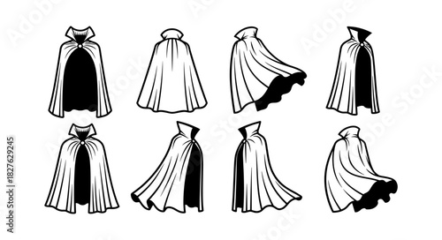 Collection of Black and White Cloak Illustrations in Various Pos