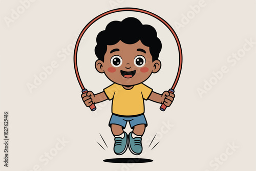 A cheerful cartoon child with dark skin is jumping rope, smiling. They wear yellow shirt and blue shorts