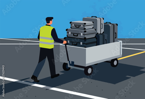 An airport worker, in a high-vis vest, walks with a trolley full of luggage. Blue sky backdrop