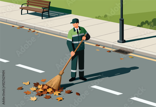 A street cleaner, in uniform, sweeps autumn leaves on a road with sidewalk, bench, and lamppost