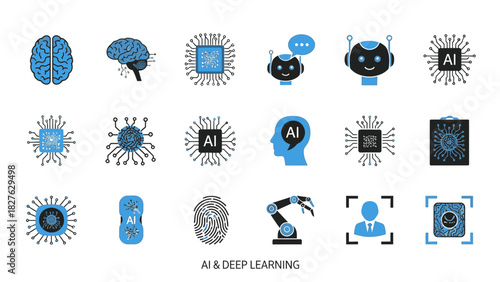 Explore artificial intelligence and deep learning concepts with this modern, scalable graphic showcasing brains, robots, circuits, and innovative technologies