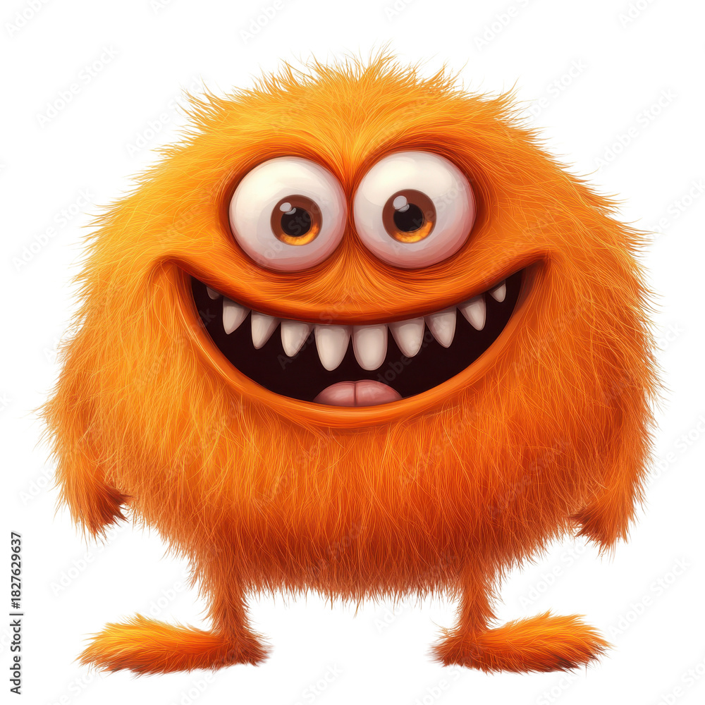 Obraz premium Friendly orange monster with big eyes and wide smile standing cheerfully in a bright setting.