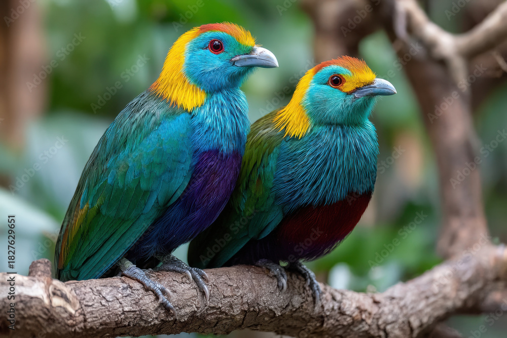 Fototapeta premium Two Golden Breasted Starlings Perched on Branch