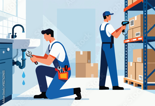 A plumber fixes a leaky sink, while another uses a scanner near boxes on shelves