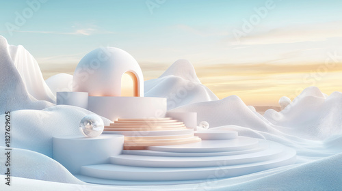 Abstract Winter Landscape With Geometric Podiums And Mountains Bathed In Golden Morning Light With Soft Clouds And Crisp Blue Sky