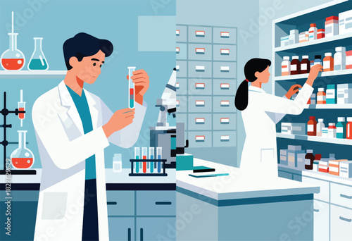 Stylized illustration of a lab. A man examines a test tube, while a woman selects a medicine on shelves