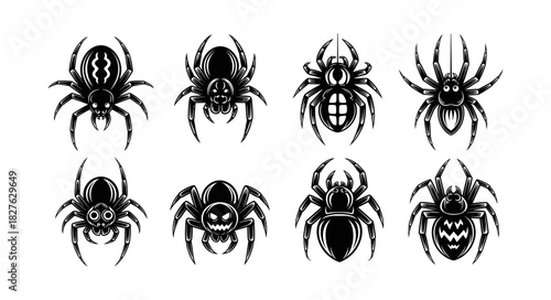 Collection of Eight Spooky Halloween Spider Illustrations.