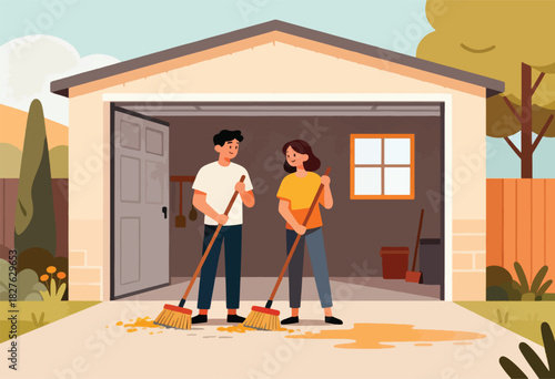 A couple sweeps a garage floor after a spill, broom in hand. The setting is a cozy suburban exterior