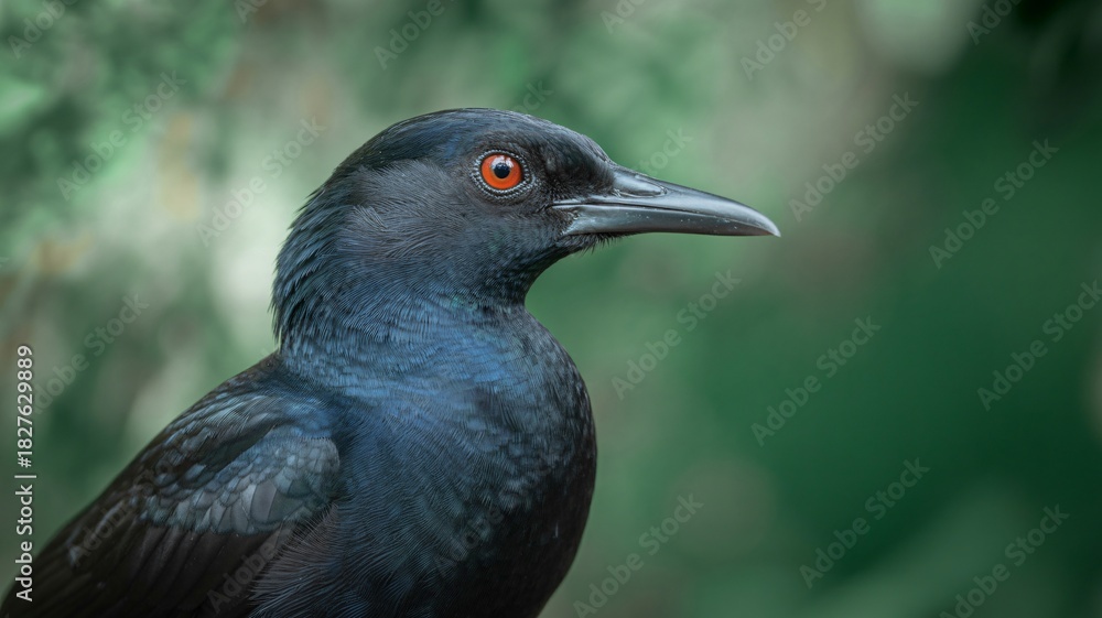 Fototapeta premium Intense vibrant red eyed starling bird watching cautiously in lush green nature habitat