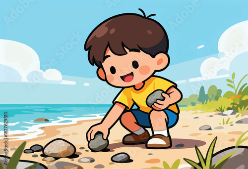 A cartoon child is collecting stones on a sandy beach by the ocean under a clear sky