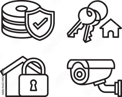 Home security icons including keys, lock, camera and shield Keywords: home security, house, lock, key