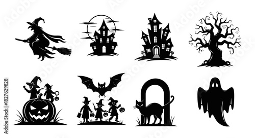 Halloween Silhouettes Collection Spooky Icons Set.