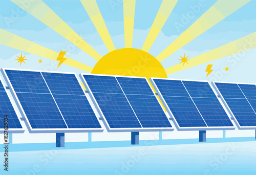 Illustration of solar panels with the sun radiating energy, stars, and lightning bolts. Renewable energy