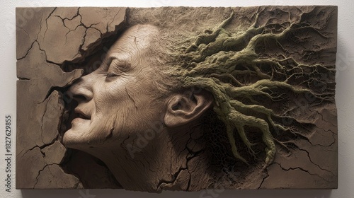A sculpted image of a woman's face emerging from cracked earth, with roots growing from her head, artistic concept.
