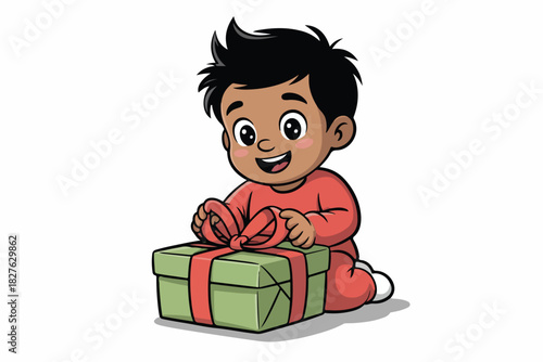A cartoon boy wearing red pajamas, smiling, sits on the ground opening a green gift box with a red ribbon