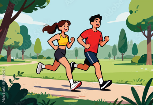 Two cartoon people, a man and a woman, run side by side on a path in a park, smiling