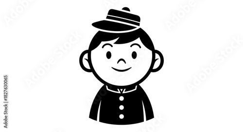 Simple Black and White Icon of a Boy Wearing a Hat and Uniform.