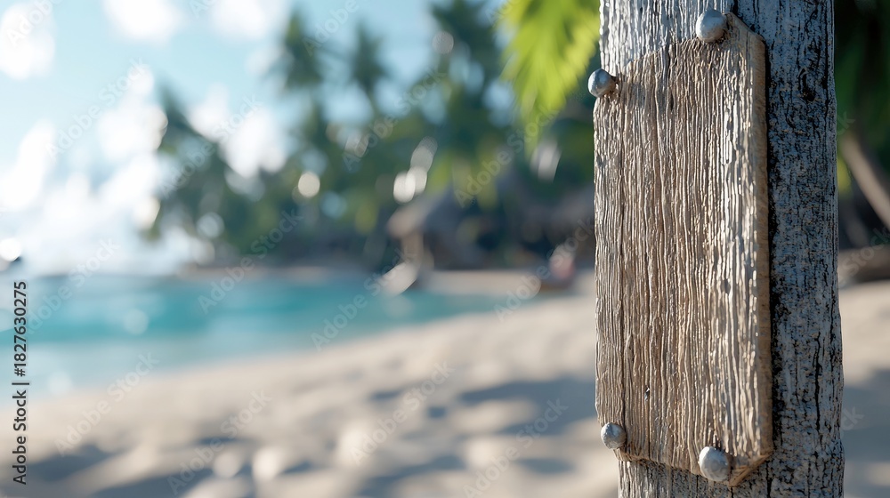 Fototapeta premium Close-up of a wooden sign attached to a post on a beach. The background features a blurred tropical landscape with a sandy beach, turquoise water, and palm tree