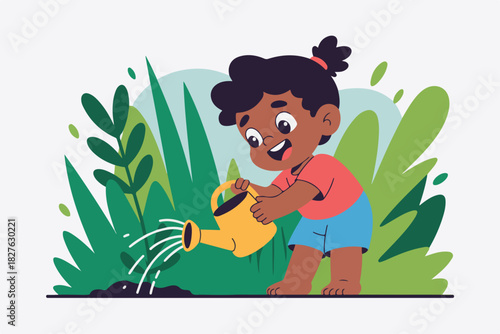 A joyful child waters plants with a yellow watering can against a backdrop of green foliage, a garden scene