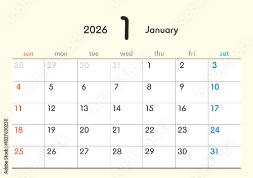 2026年カレンダー1月