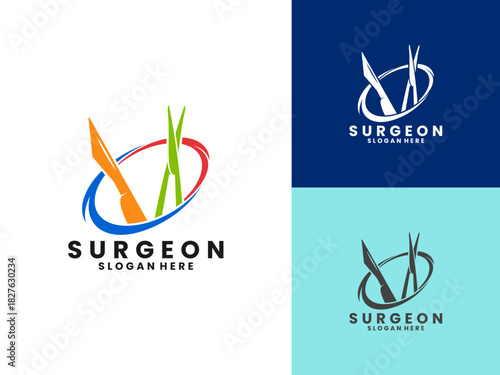 Surgeon with surgical scissors and abstract circle line logo design template. Surgeon logo design vector