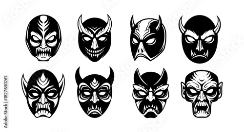 Collection of Eight Terrifying Demon Masks with Horns and Fierce