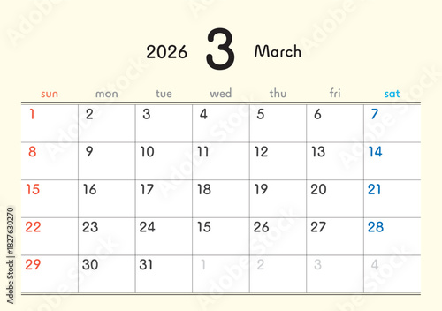 2026年カレンダー3月