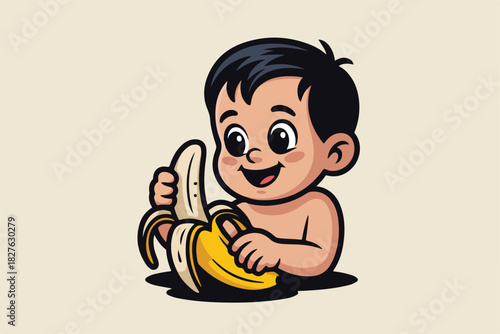 A smiling cartoon baby is peeling a banana. The image has a warm color palette