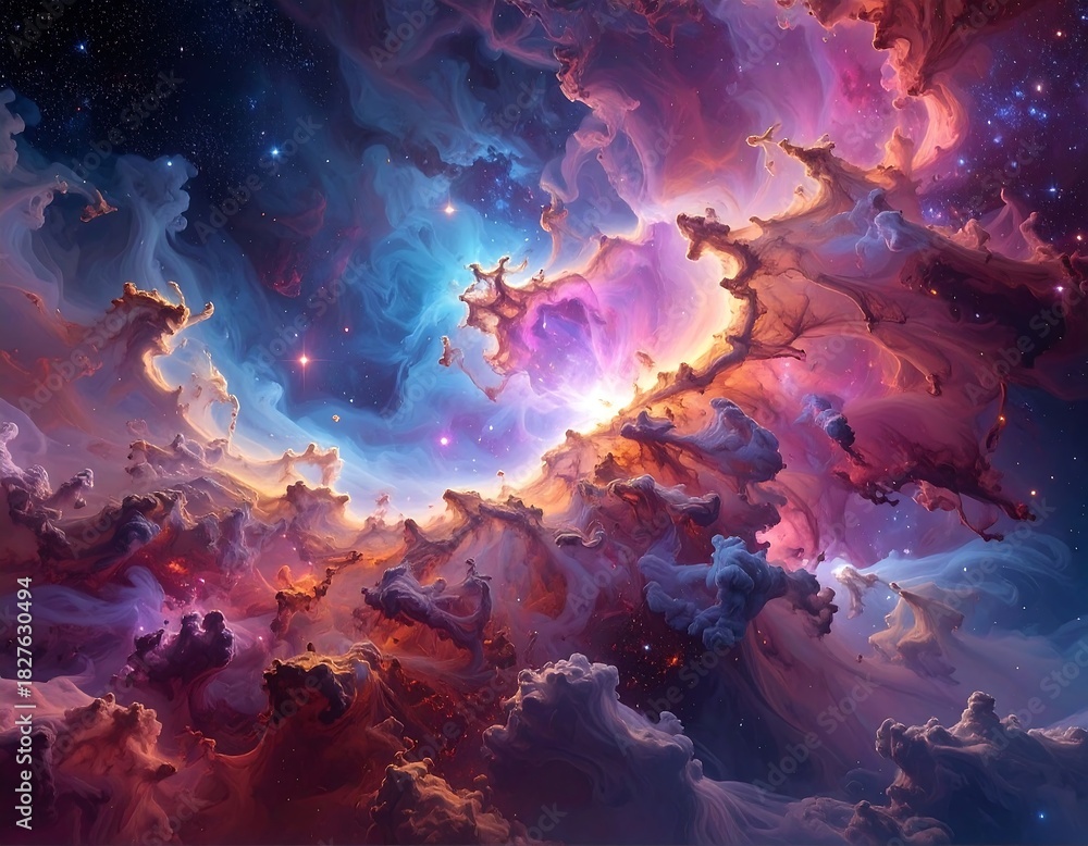 Obraz premium An ethereal cosmic vista depicting swirling nebulae of vibrant colors, stars scattered throughout the expansive canvas