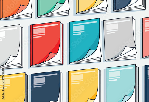 A grid of colorful, stylized books with a curled page. Background is a solid, light grey