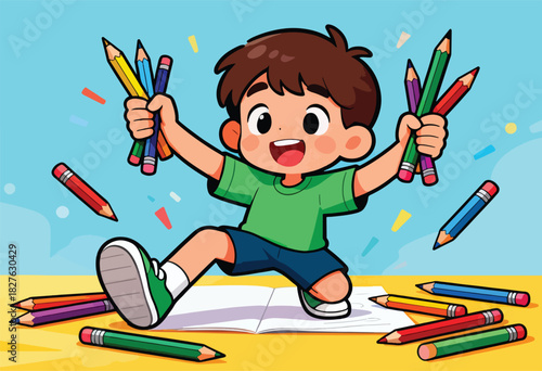 A cartoon boy jumps joyfully, holding pencils high. Colorful pencils and confetti surround him on a notepad