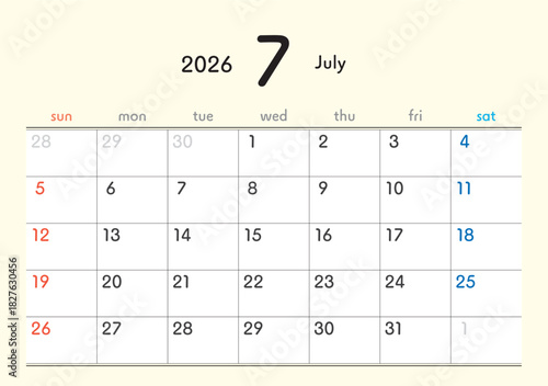 2026年カレンダー7月