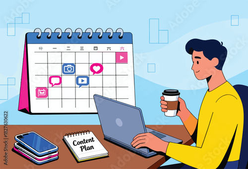 A person works on a laptop with coffee, content planning, and social media icons in a calendar