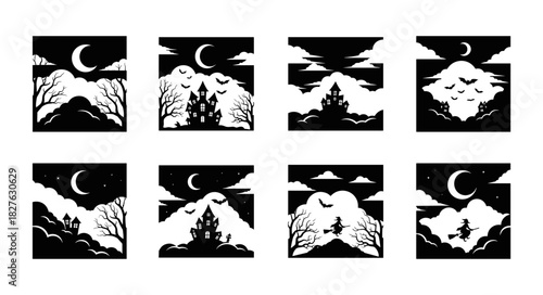 Spooky Halloween Night Scenes with Haunted Castles and Bats.