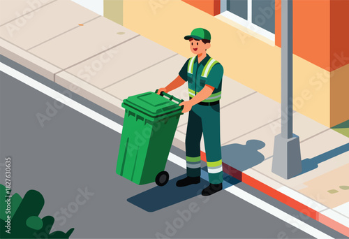 A smiling sanitation worker in uniform pushing a green trash bin down a street with a building and lamp post