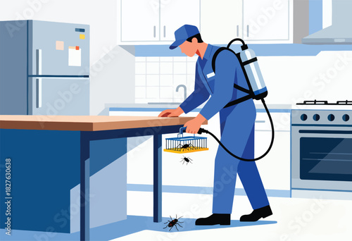 A pest control worker in a kitchen, using a trap to catch bugs, wearing a backpack sprayer, and standing by a countertop