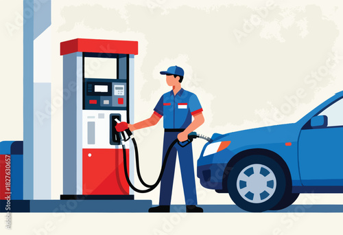 A gas station attendant in uniform fuels a blue car. A red and grey pump dispenses fuel. Vector style