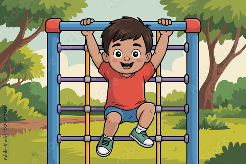 A cartoon child, smiling, hangs from a playground climbing frame in a park setting