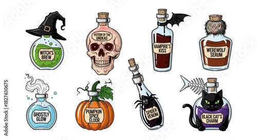 Collection of Halloween potions and magical elixirs in various b