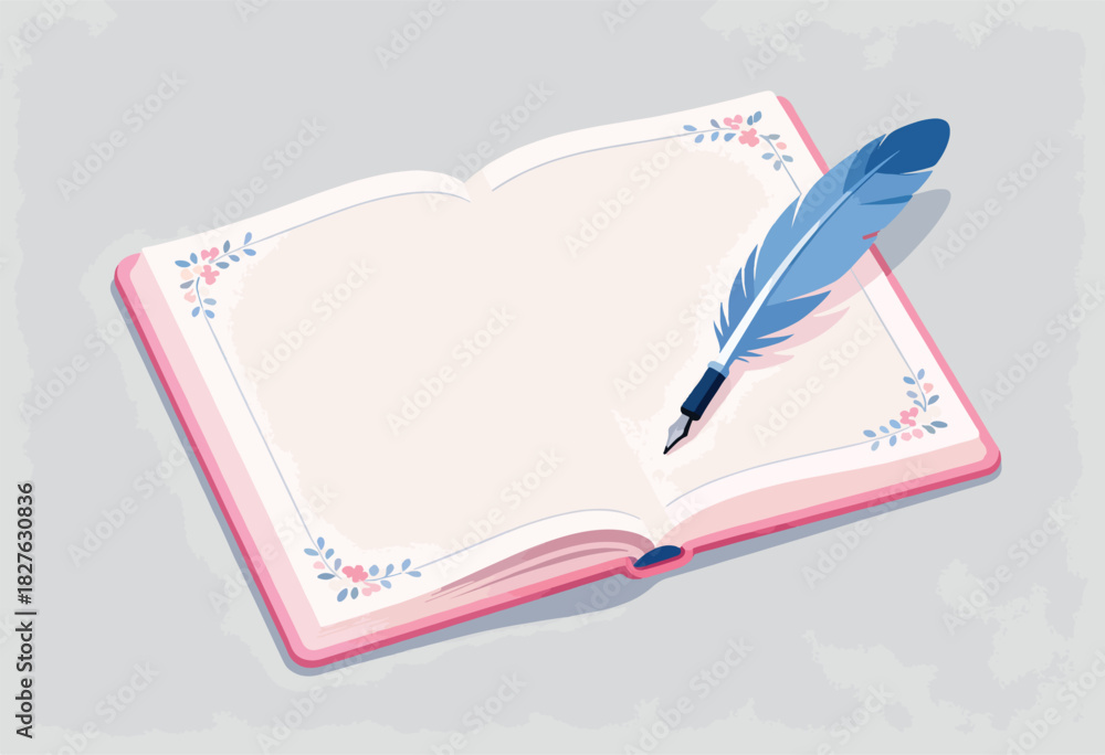 Naklejka premium A pink book with floral accents and a blue feather quill, lying open on a gray background
