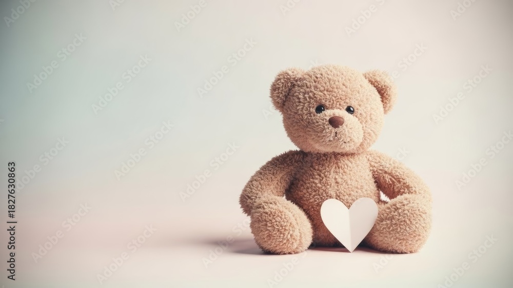 Obraz premium A soft, fluffy brown teddy bear sits on a pastel background, gently holding a white paper heart. The image conveys warmth, love, and comfort, perfect for Valentine's Day or sweet gestures.