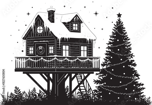 Snowy Winter Cabin on Stilts Illustration with Decorated Christmas Tree