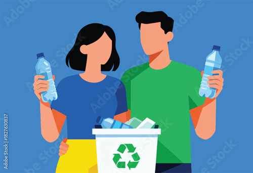 An illustration depicting a couple holding water bottles near a recycle bin with the recycle symbol