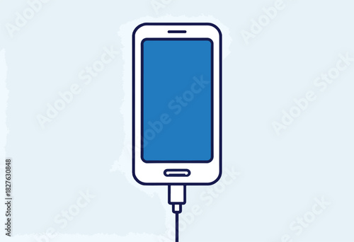A stylized mobile phone, with white frame and blue screen, connected to a charging cable against a light blue backdrop